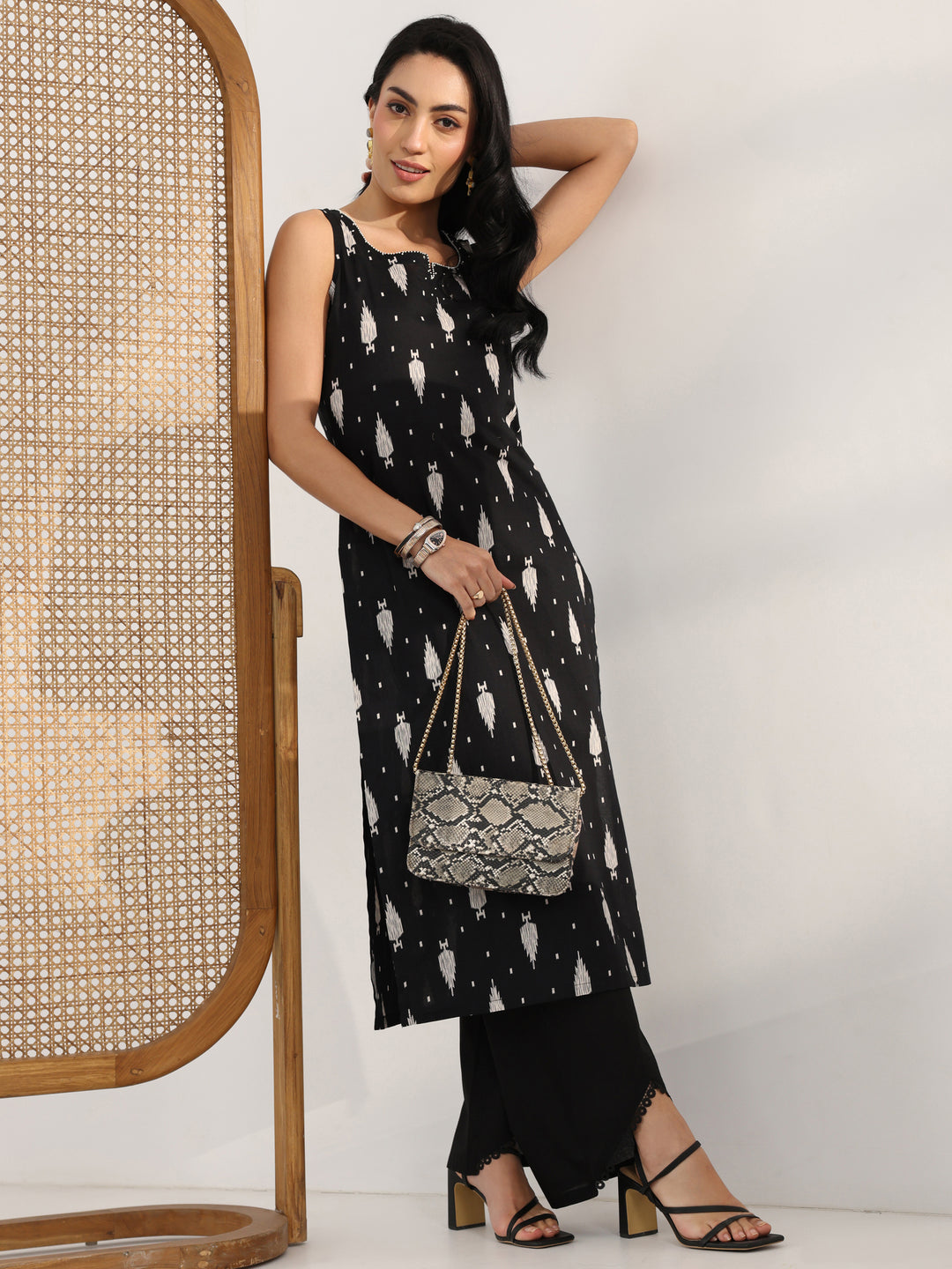 Black Printed Cotton Straight Kurta Set