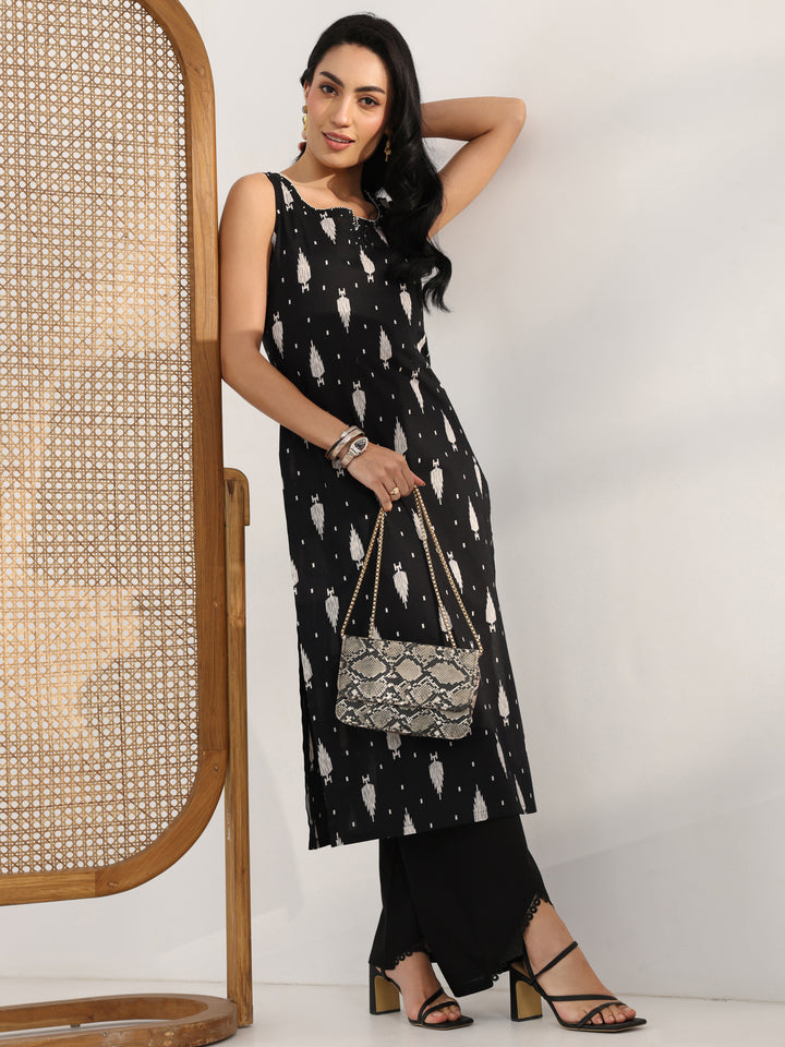 Black Printed Cotton Straight Kurta Set