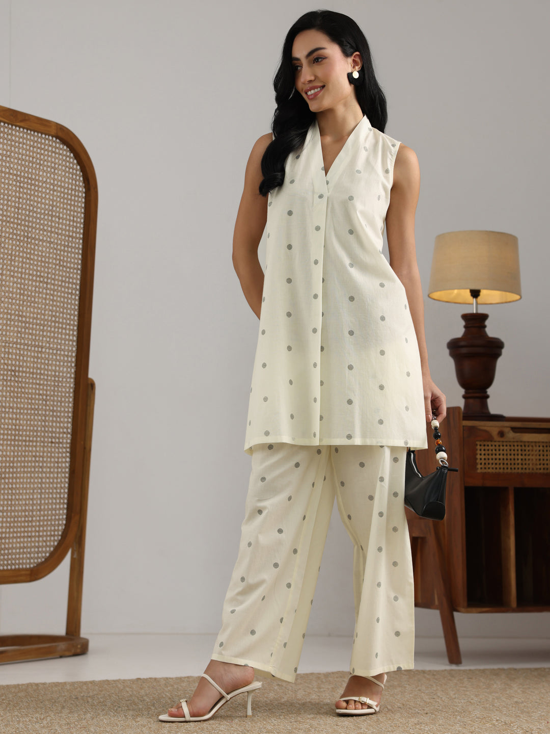 Off White Printed Cotton Straight Kurta Set
