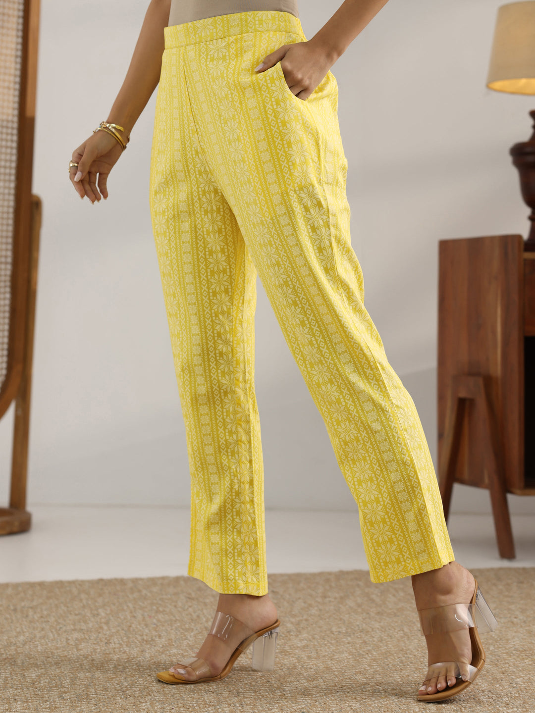 Yellow Printed Rayon A-Line Kurta Set