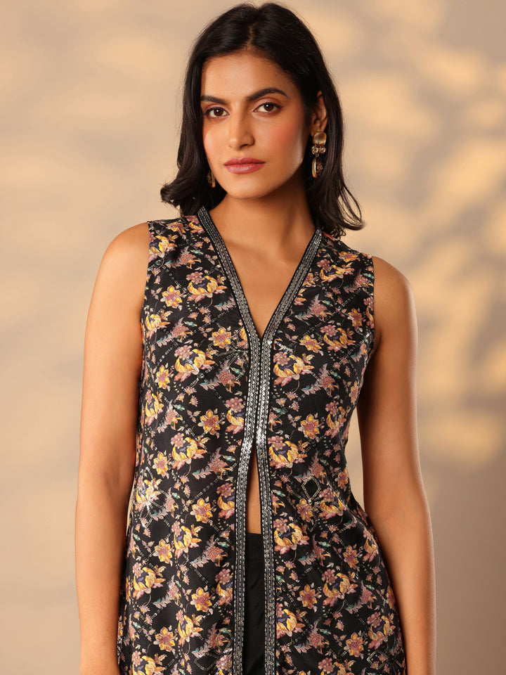 Black Printed Silk Blend Straight Kurta Set