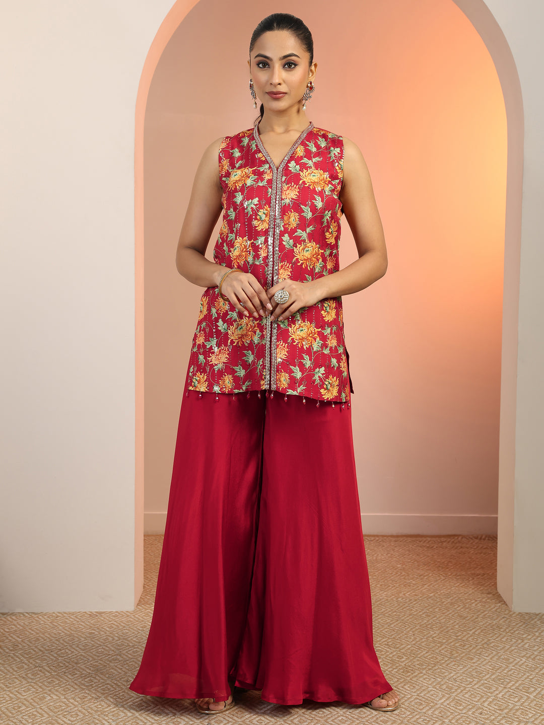 Red Printed Silk Blend Straight Kurta Set