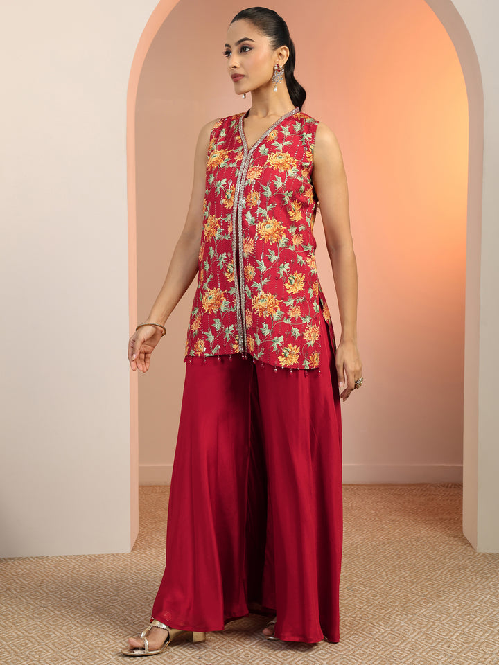 Red Printed Silk Blend Straight Kurta Set