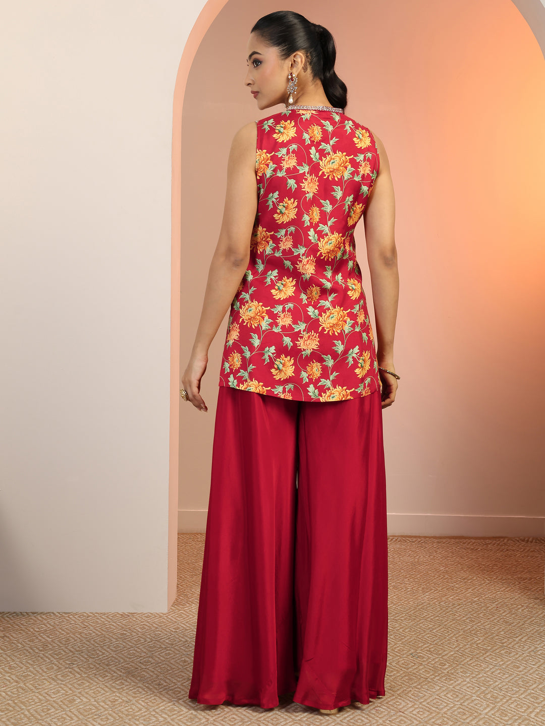Red Printed Silk Blend Straight Kurta Set