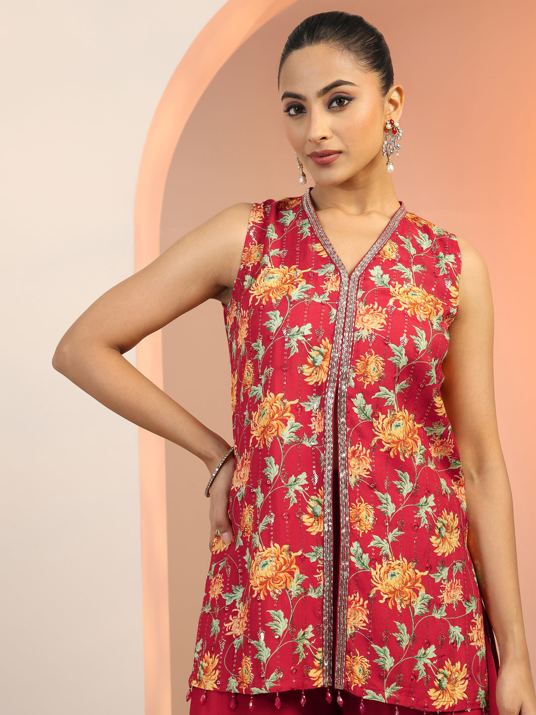 Red Printed Silk Blend Straight Kurta Set