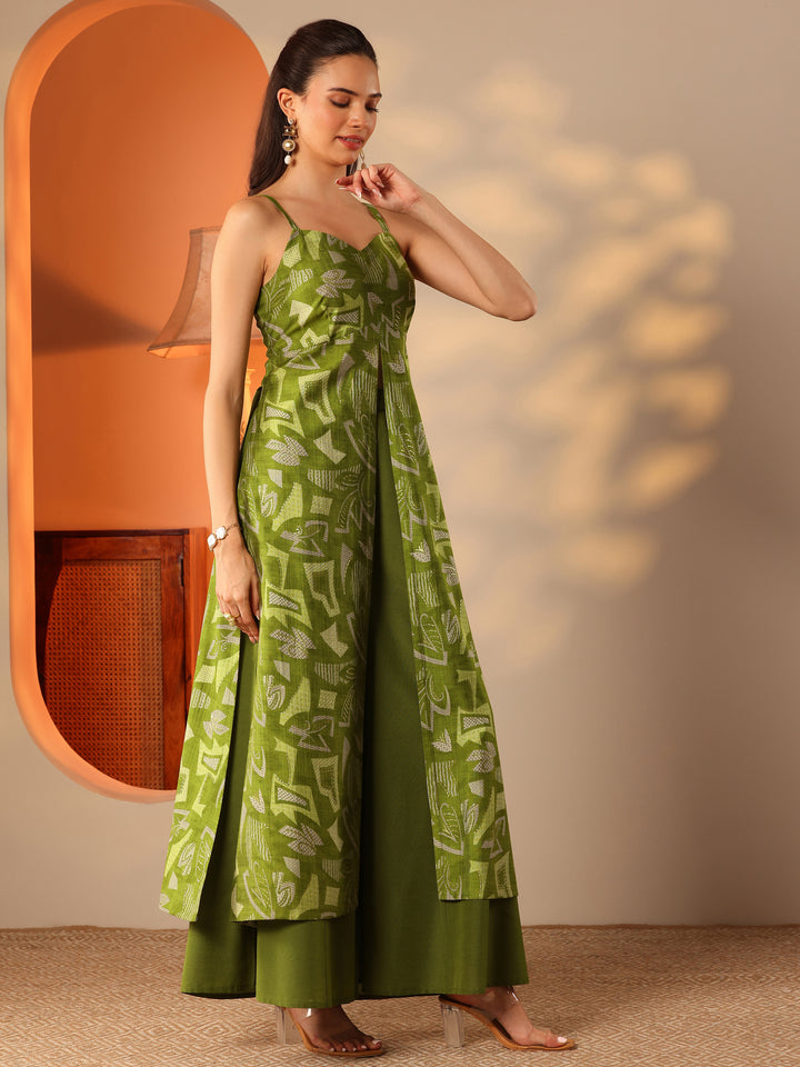 Green Printed Silk Blend Straight Kurta Set