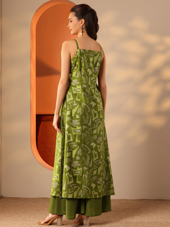 Green Printed Silk Blend Straight Kurta Set