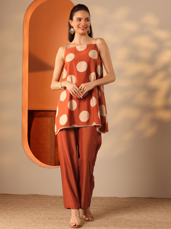 Rust Printed Silk Blend A-Line Kurta Set