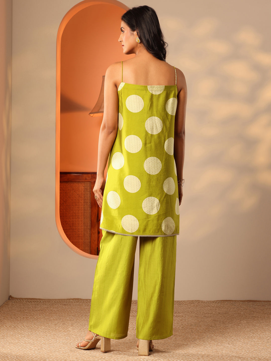 Green Printed Silk Blend Fit And Flare Kurta Set