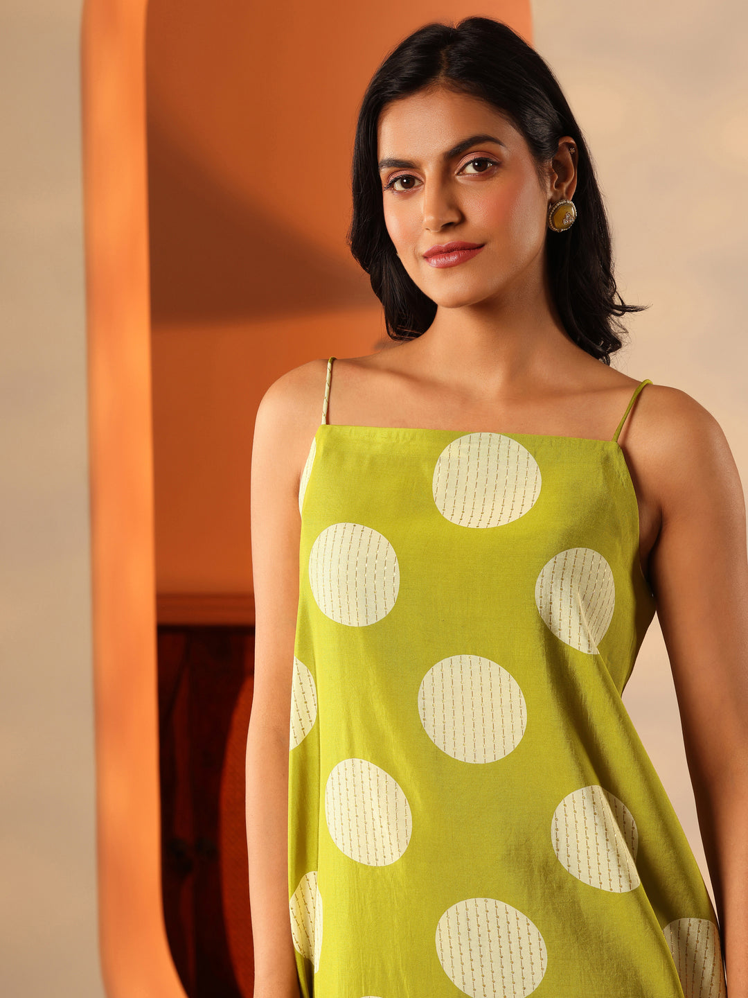 Green Printed Silk Blend Fit And Flare Kurta Set