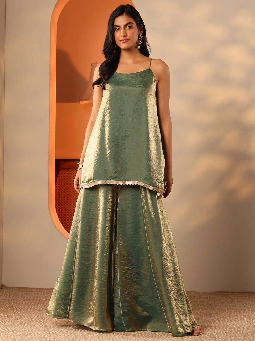 Green Solid Silk Blend Straight Kurta Set