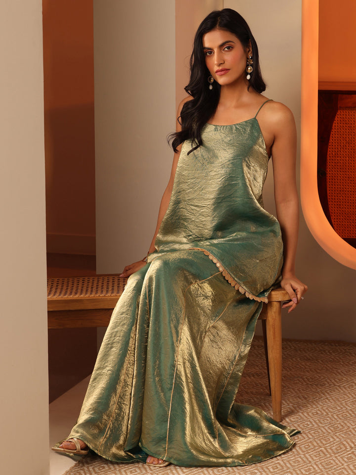 Green Solid Silk Blend Straight Kurta Set