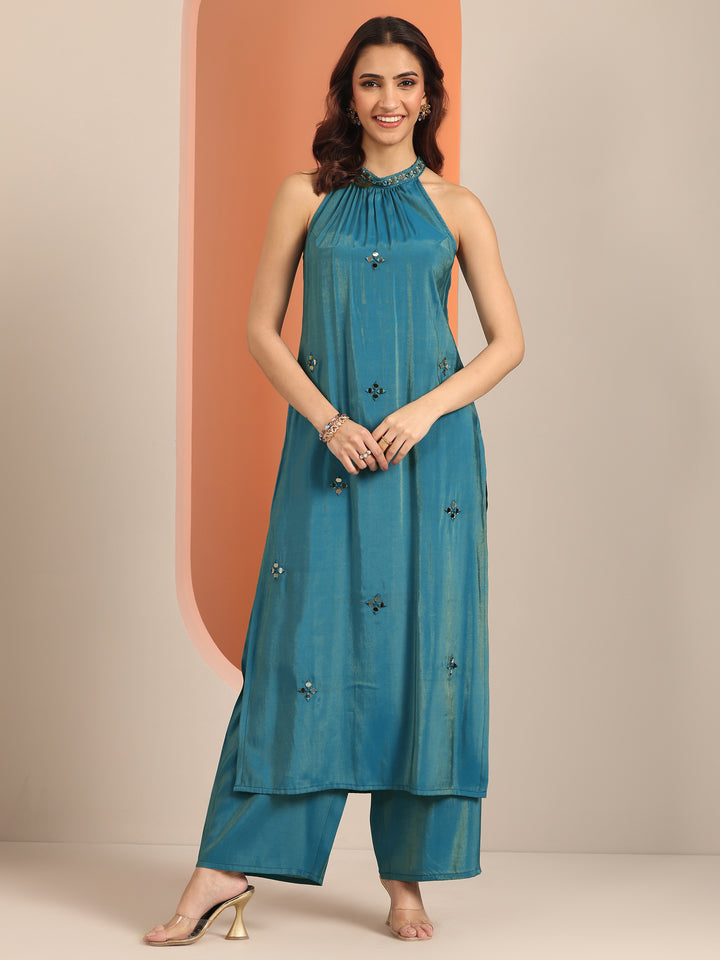 Teal Embellished Silk Blend Straight Kurta Set