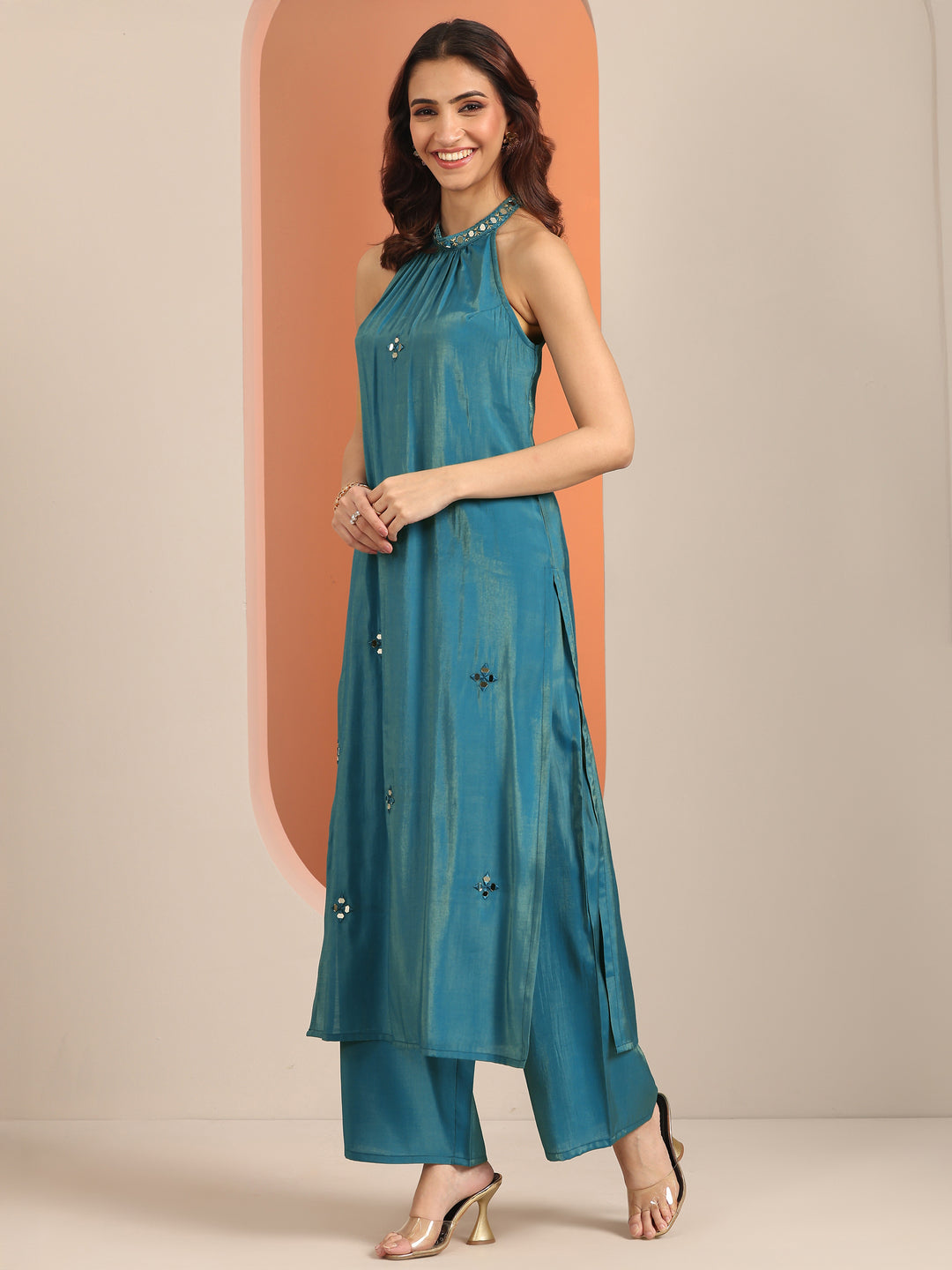 Teal Embellished Silk Blend Straight Kurta Set