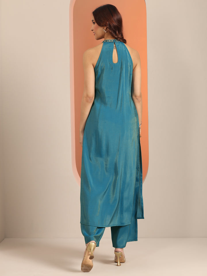 Teal Embellished Silk Blend Straight Kurta Set