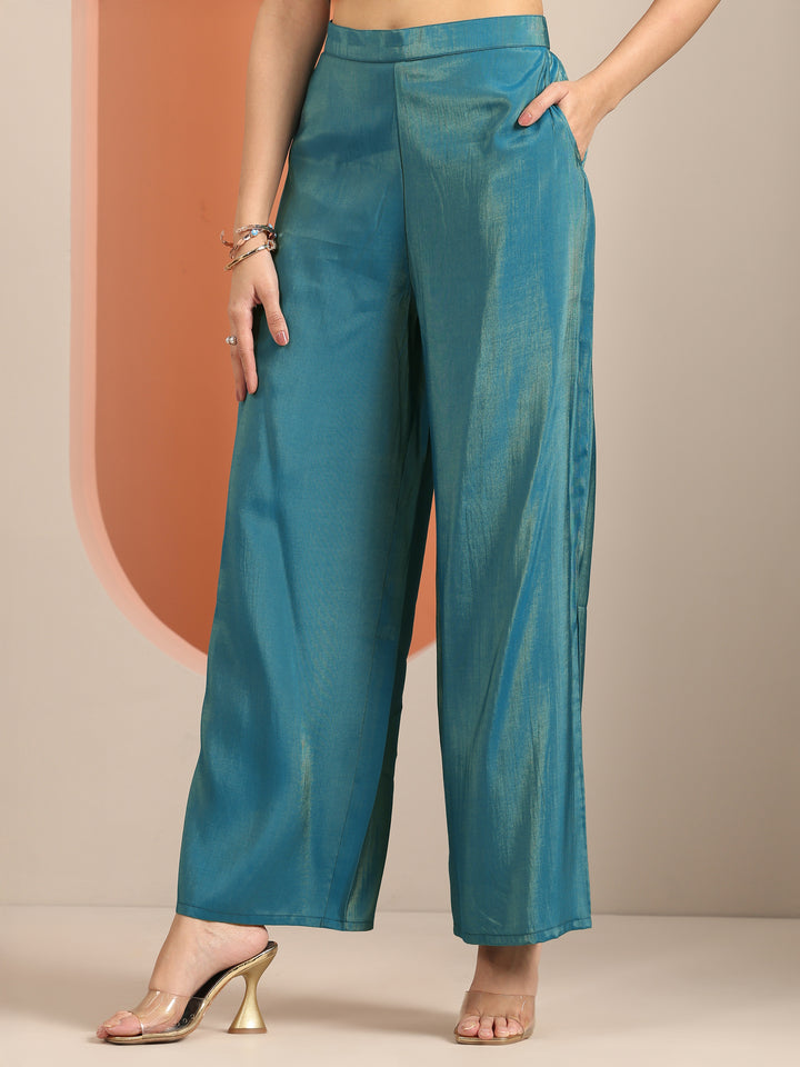 Teal Embellished Silk Blend Straight Kurta Set