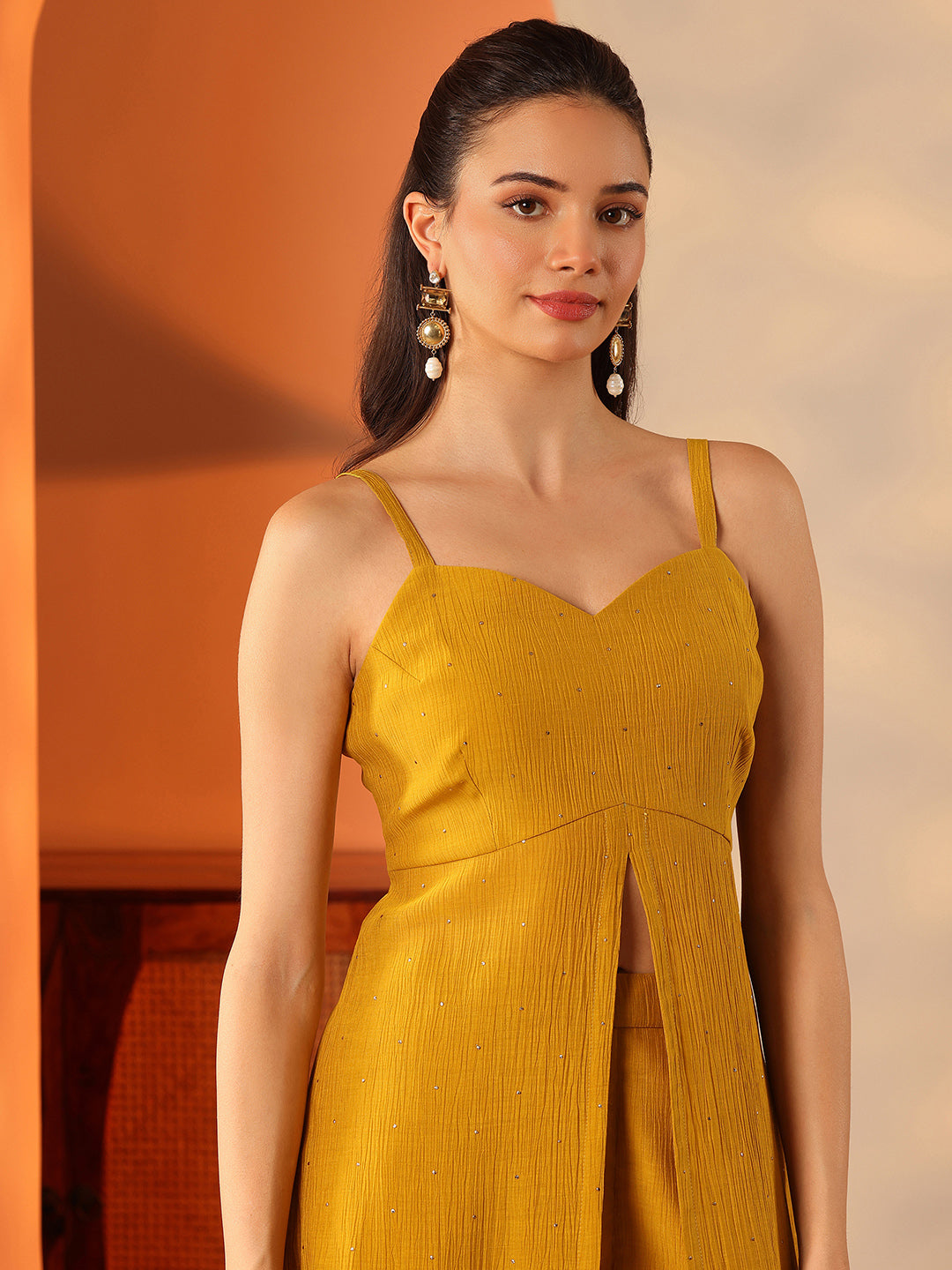 Mustard Embellished Silk Blend Straight Kurta Set