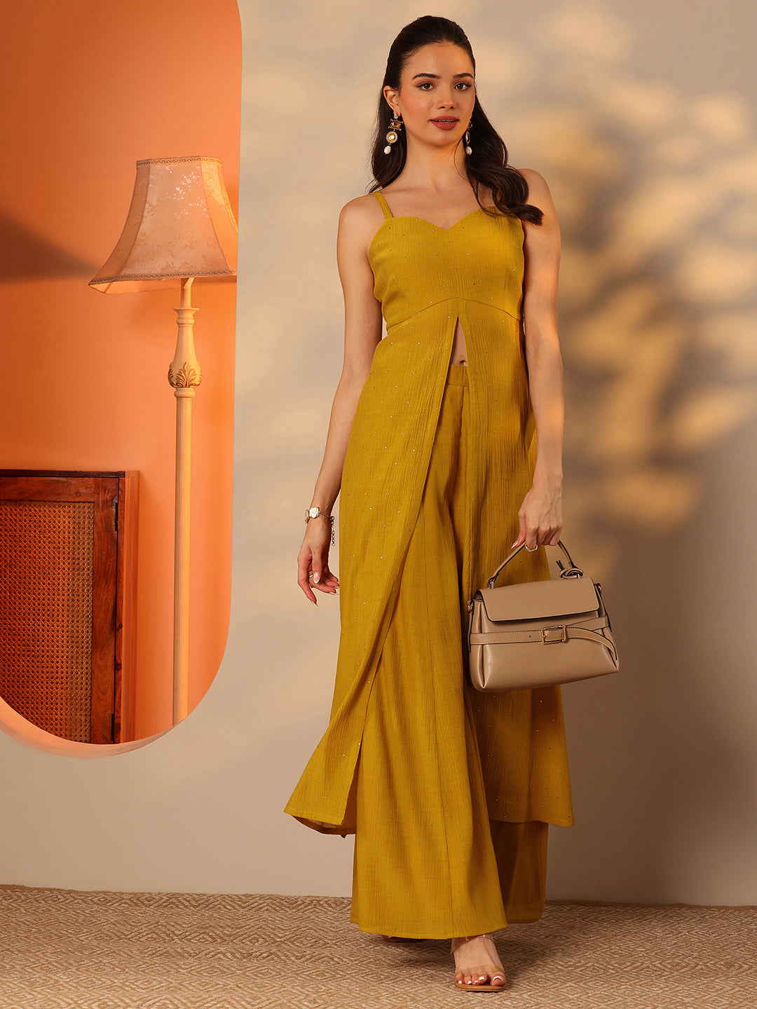 Mustard Embellished Silk Blend Straight Kurta Set