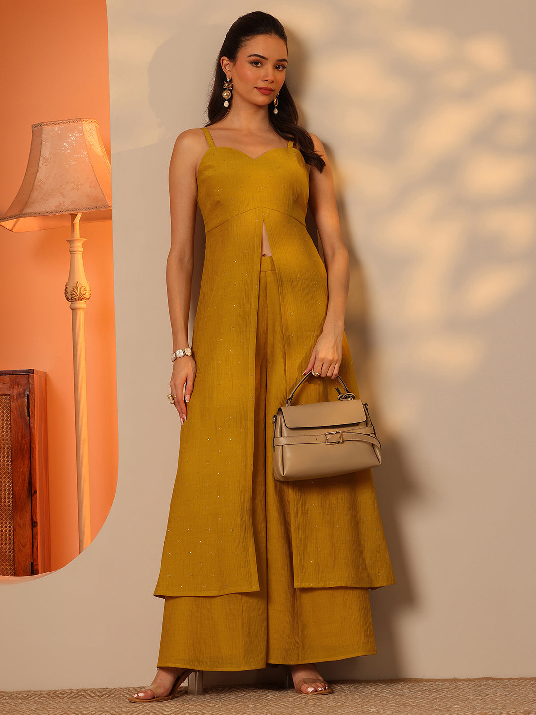 Mustard Embellished Silk Blend Straight Kurta Set