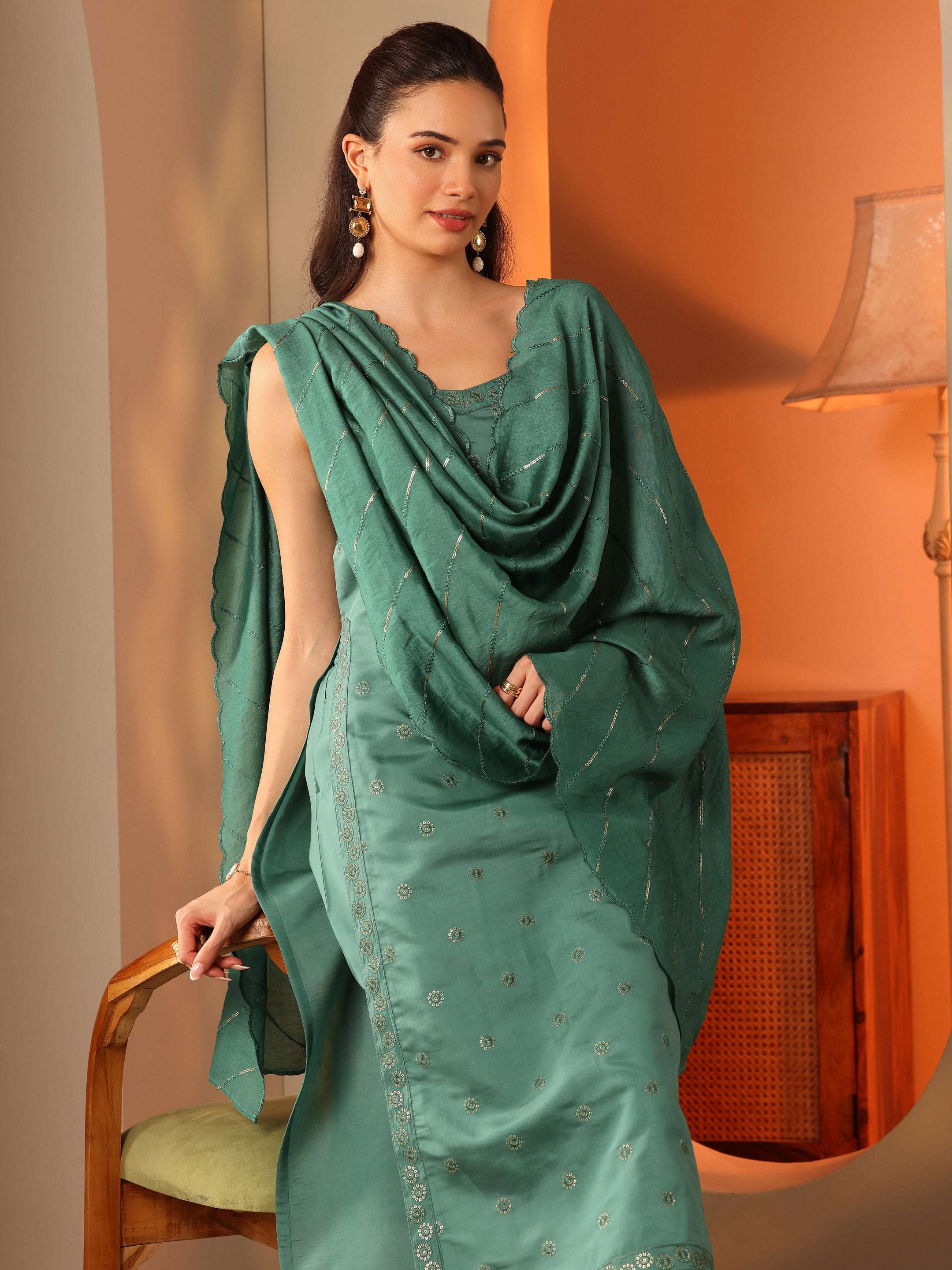 Buy Green Embroidered Silk Blend Straight Suit Set With Dupatta Online ...