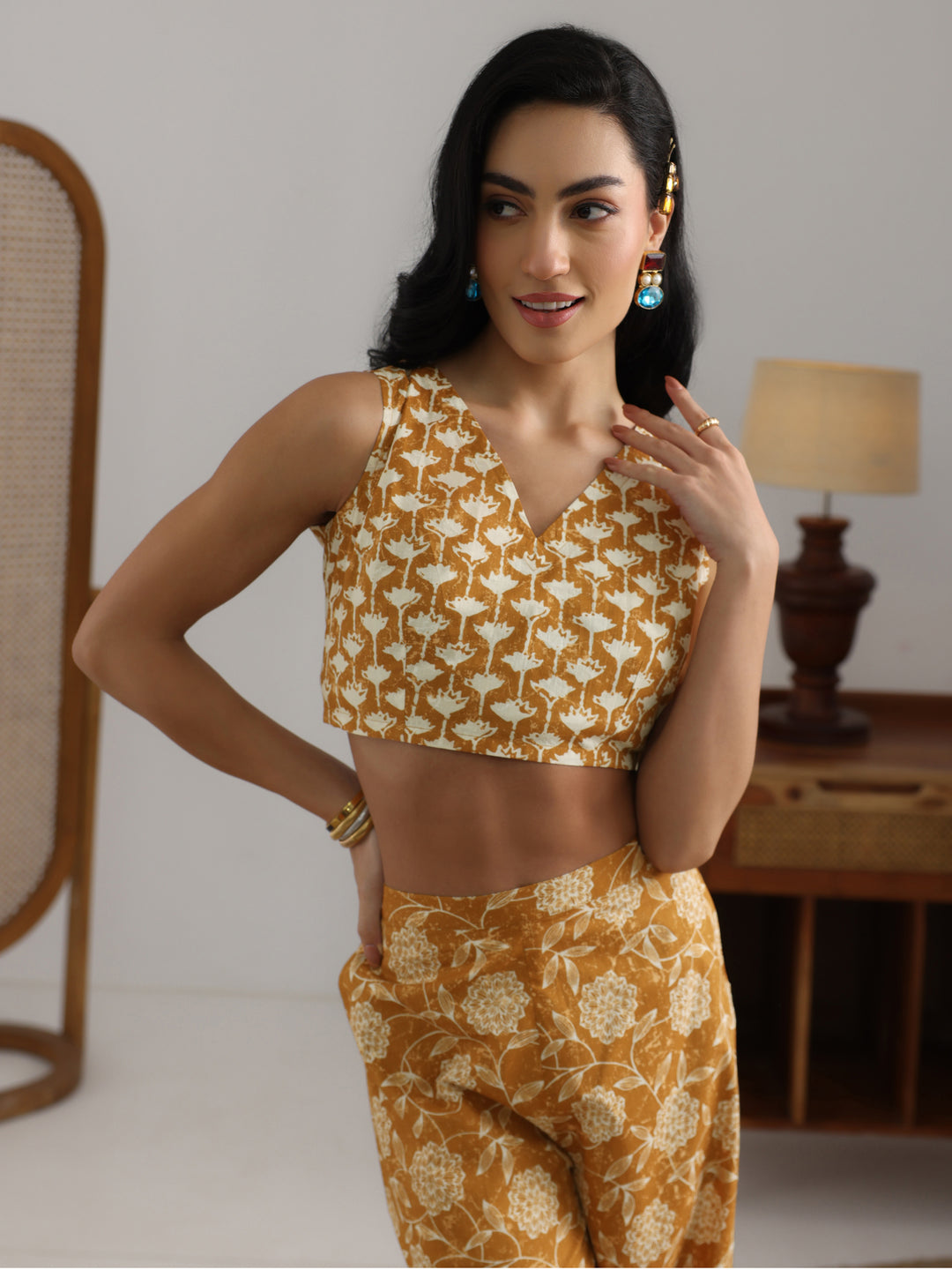 Mustard Printed Cotton 3 Piece Co-Ord Set