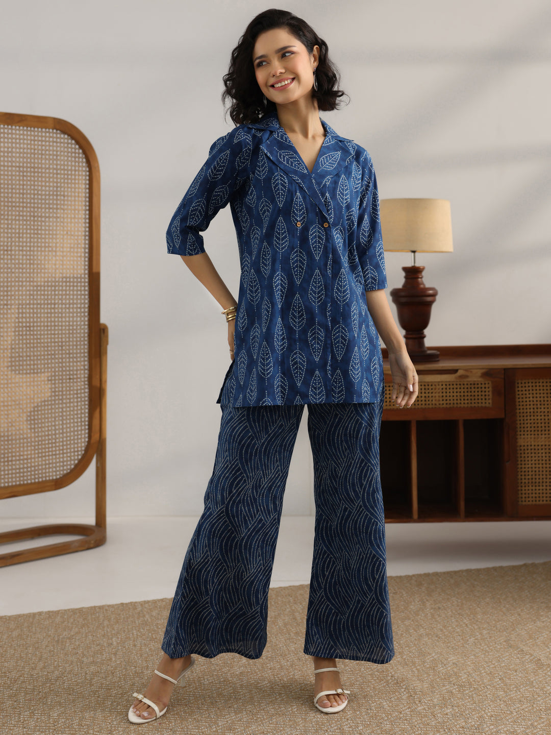 Blue Printed Cotton Straight Co-Ord Set