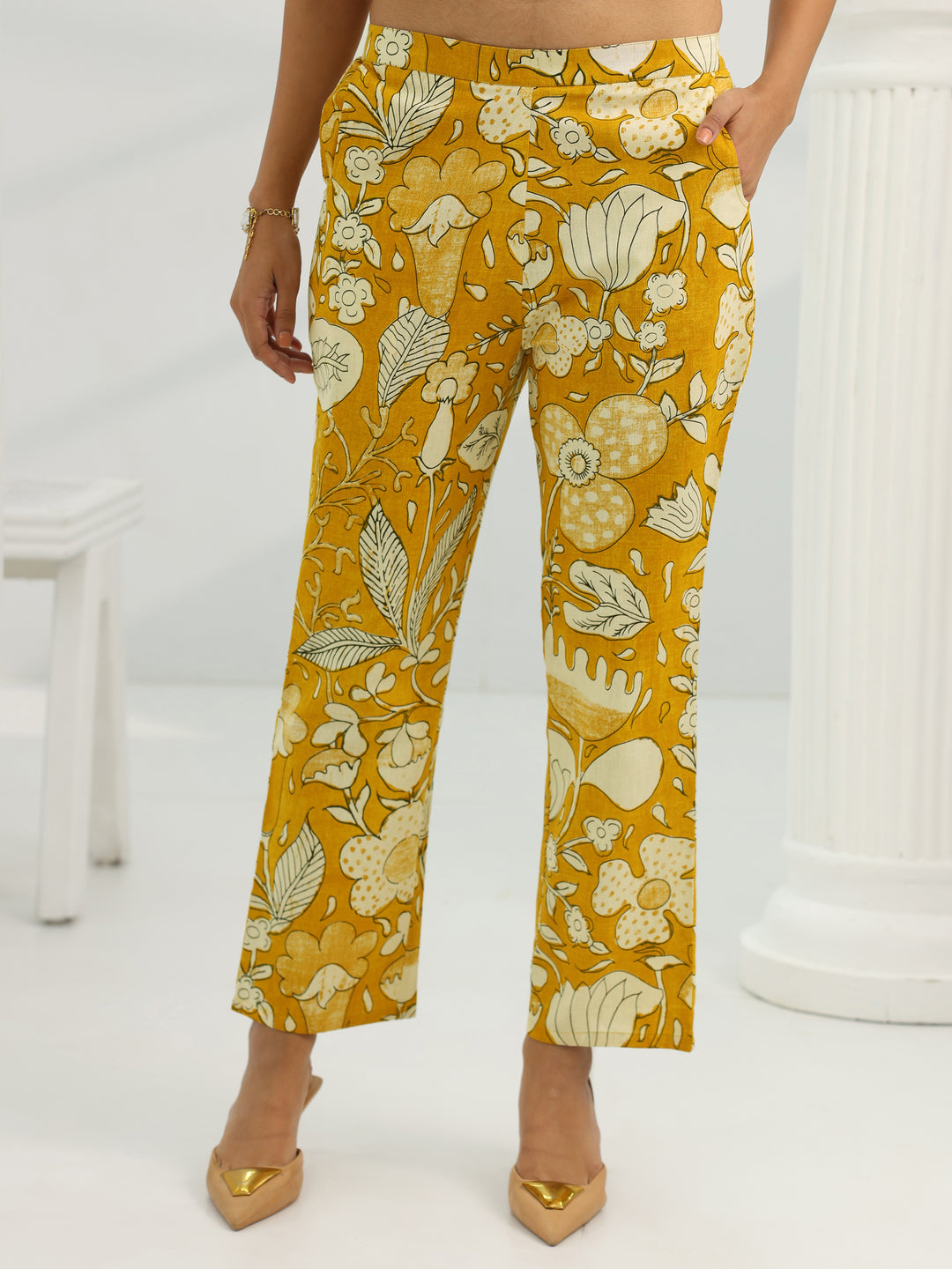 Mustard Printed Cotton Straight Kurta Set