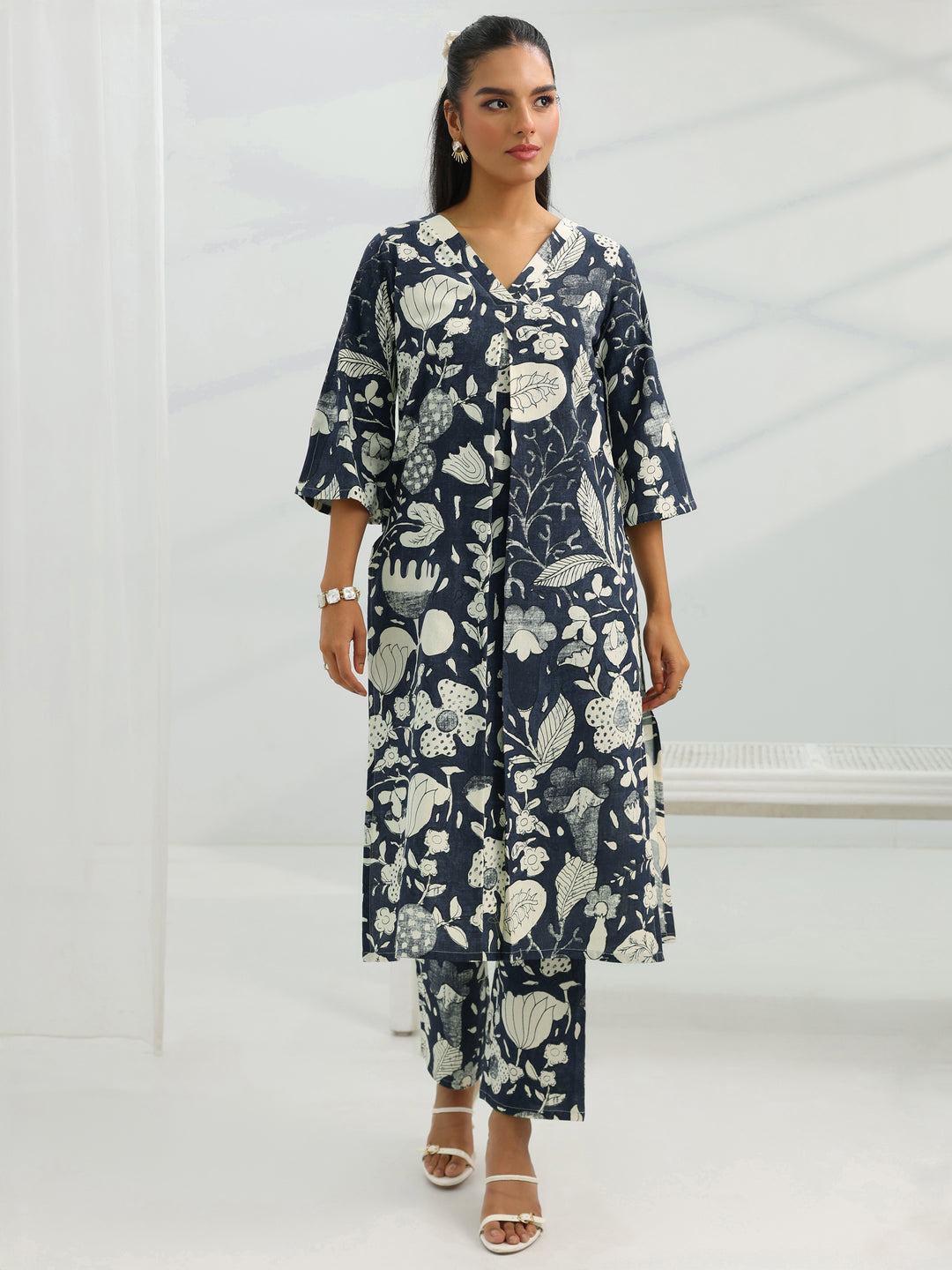 Grey Printed Cotton Straight Kurta Set