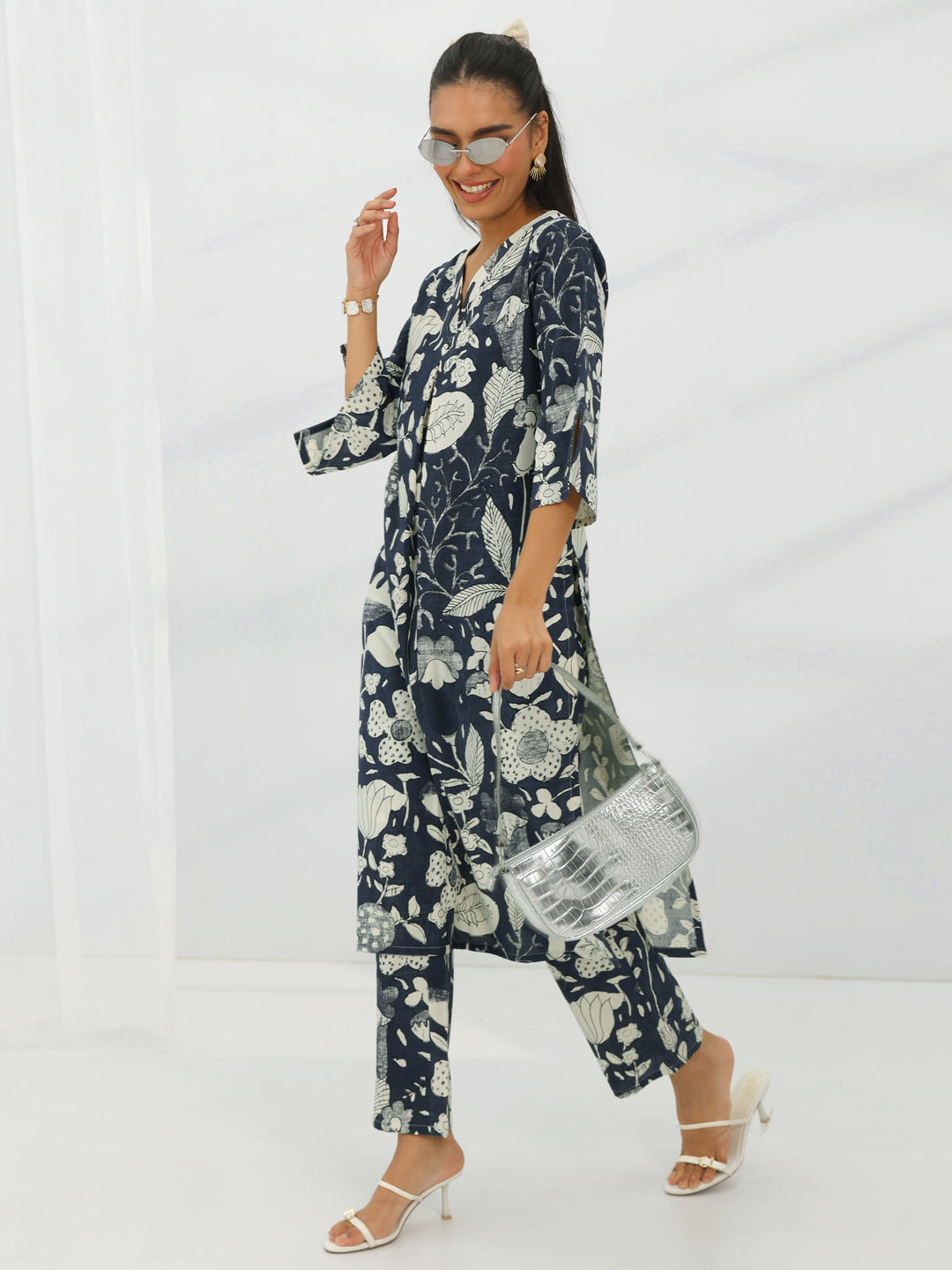 Grey Printed Cotton Straight Kurta Set
