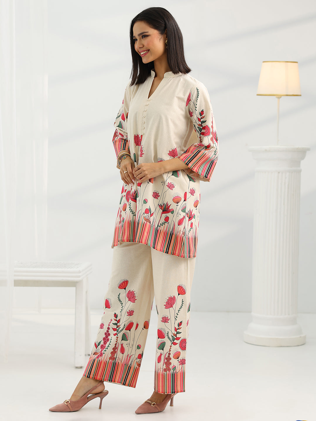 Off White Printed Cotton Co-Ord Sets