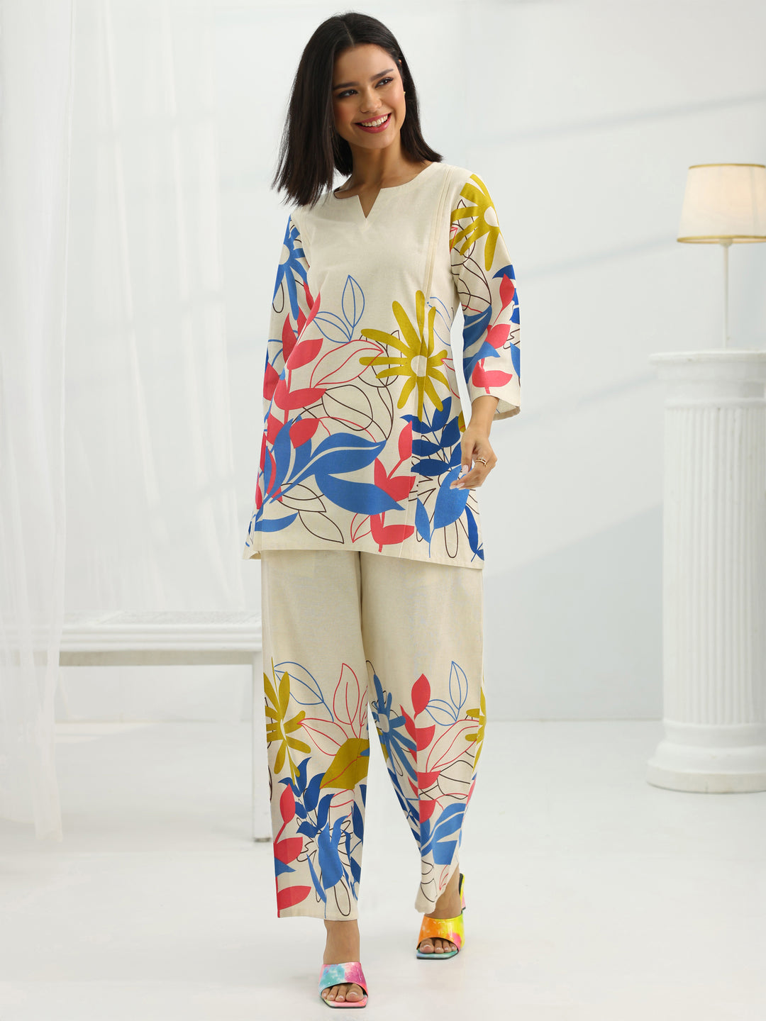 Off White Printed Cotton Co-Ord Sets