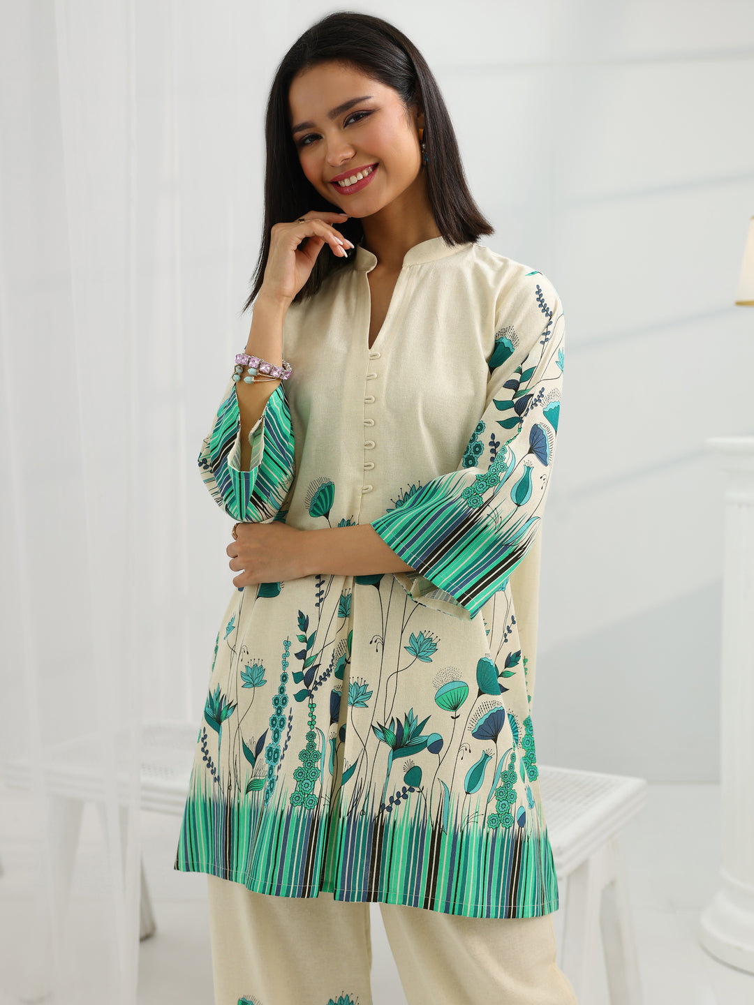 Off White Printed Cotton Co-Ord Sets