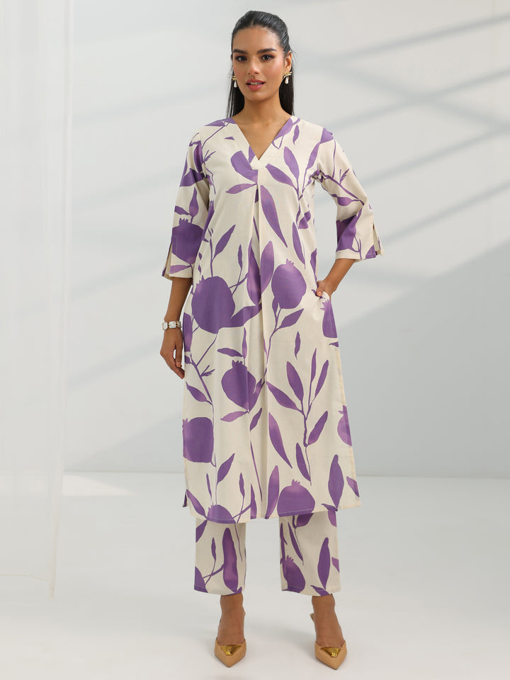 Off White Printed Cotton Straight Kurta Set