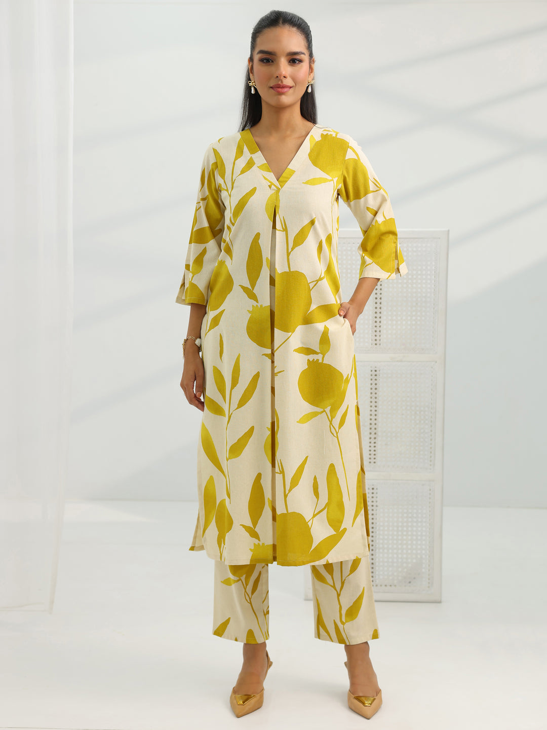 Off White Printed Cotton Straight Kurta Set