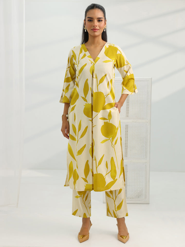 Off White Printed Cotton Straight Kurta Set