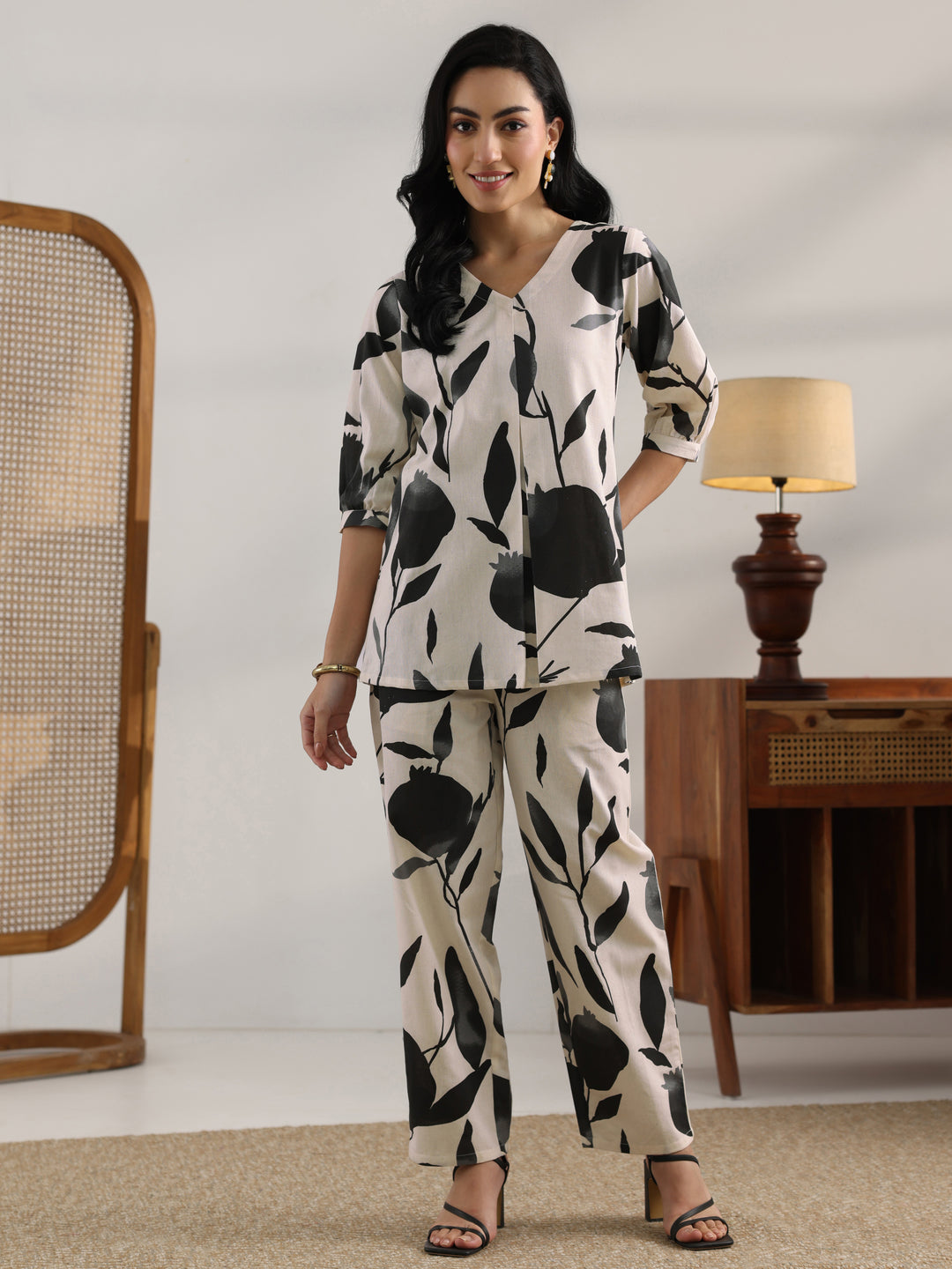 Off White Printed Cotton Straight Co-Ord Set