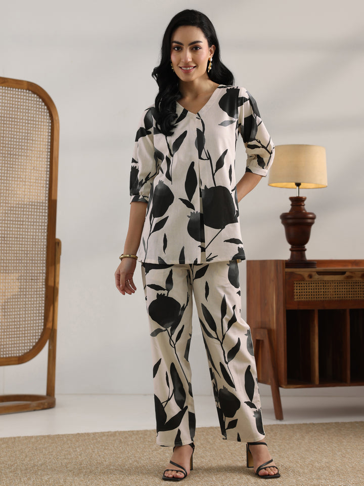 Off White Printed Cotton Straight Co-Ord Set