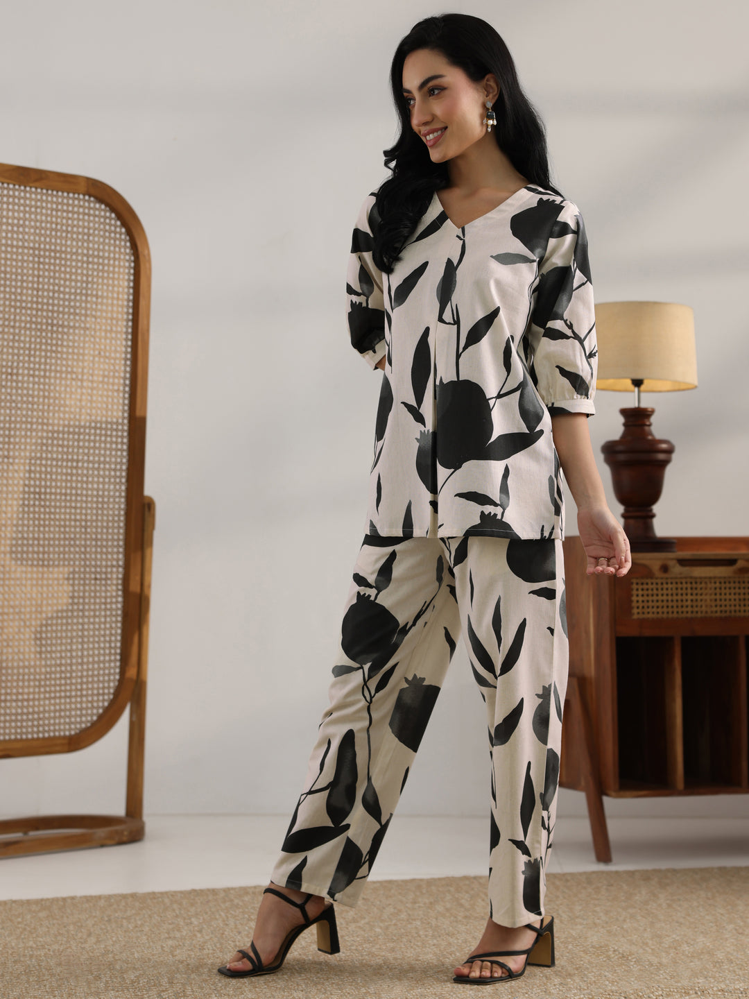 Off White Printed Cotton Straight Co-Ord Set