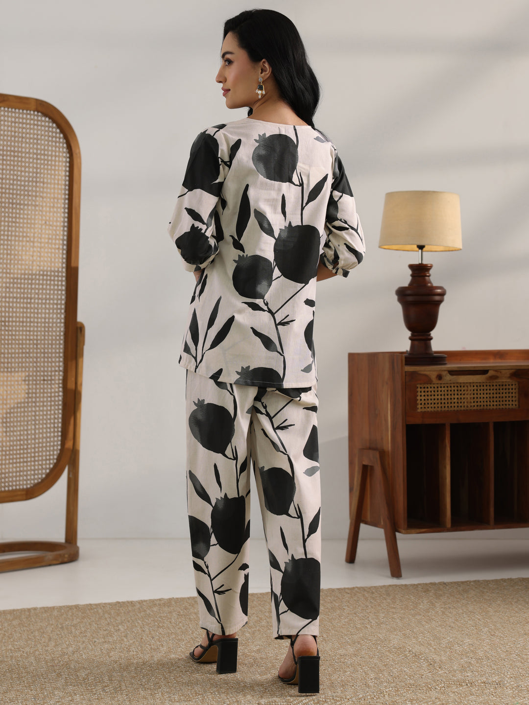 Off White Printed Cotton Straight Co-Ord Set