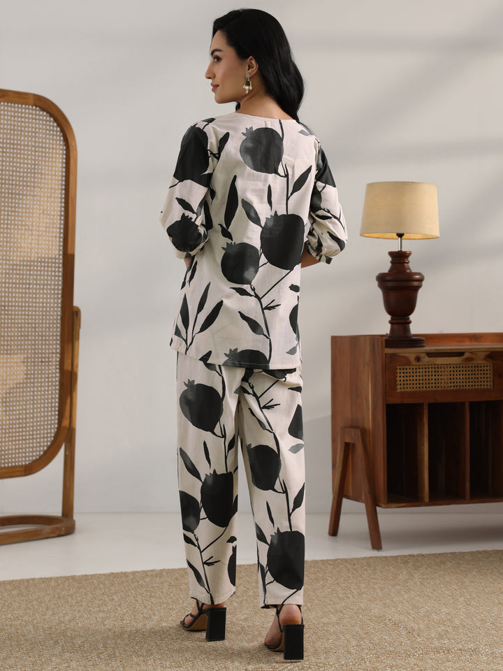 Off White Printed Cotton Straight Co-Ord Set