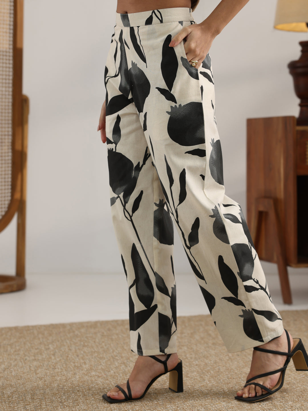 Off White Printed Cotton Straight Co-Ord Set
