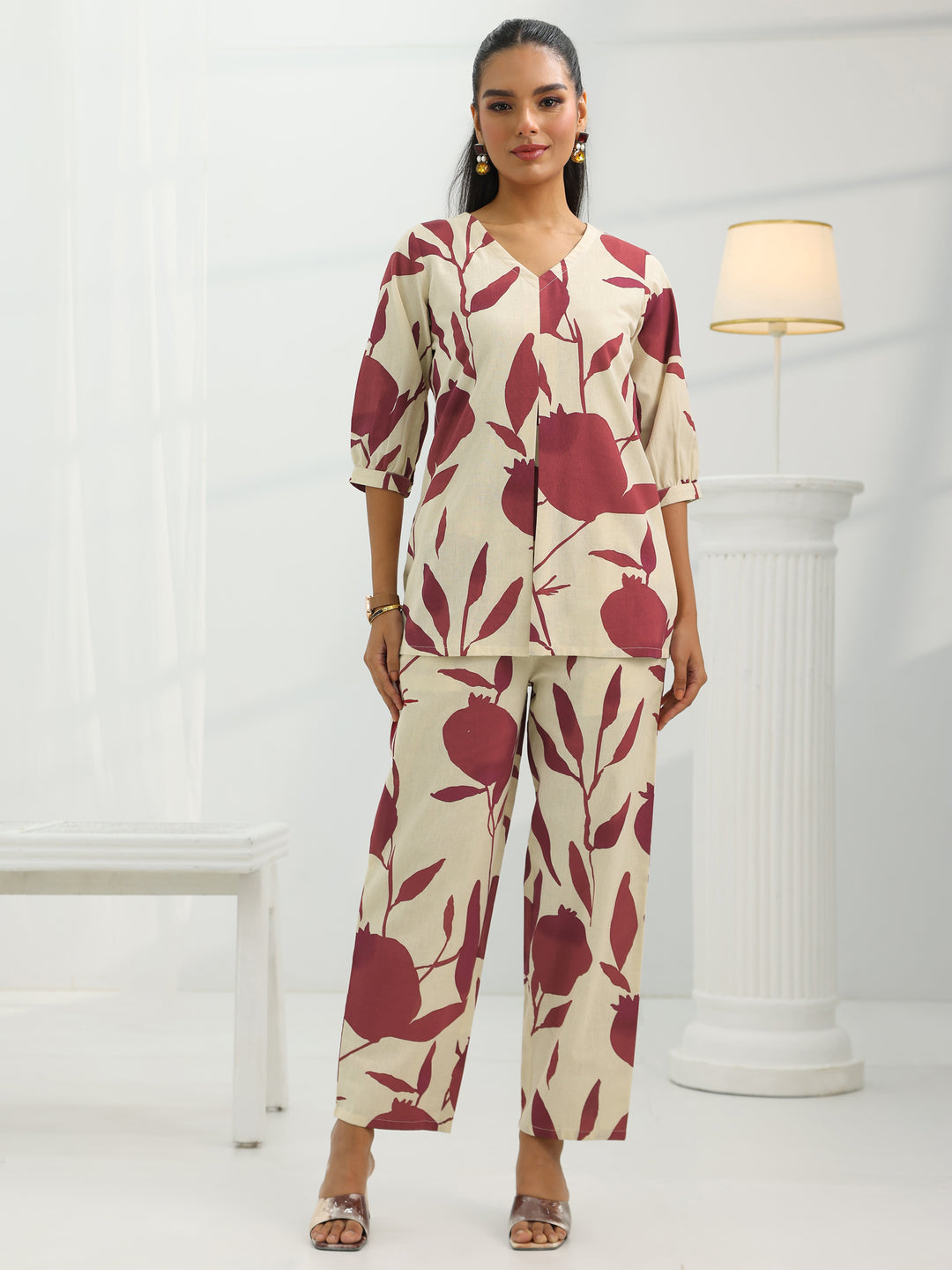Off White Printed Cotton Straight Co-Ord Set