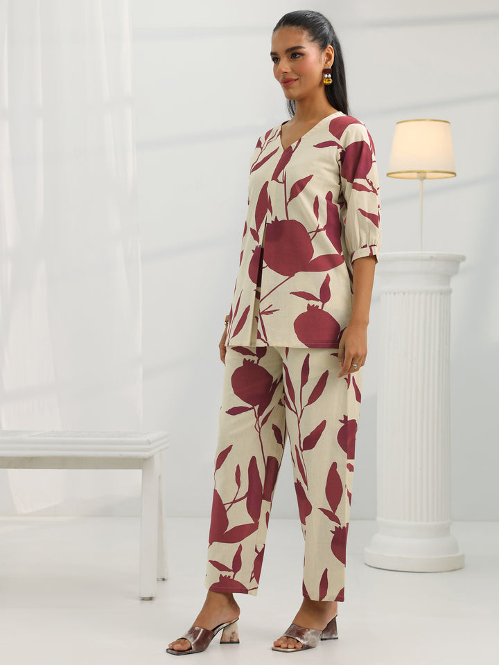 Off White Printed Cotton Straight Co-Ord Set