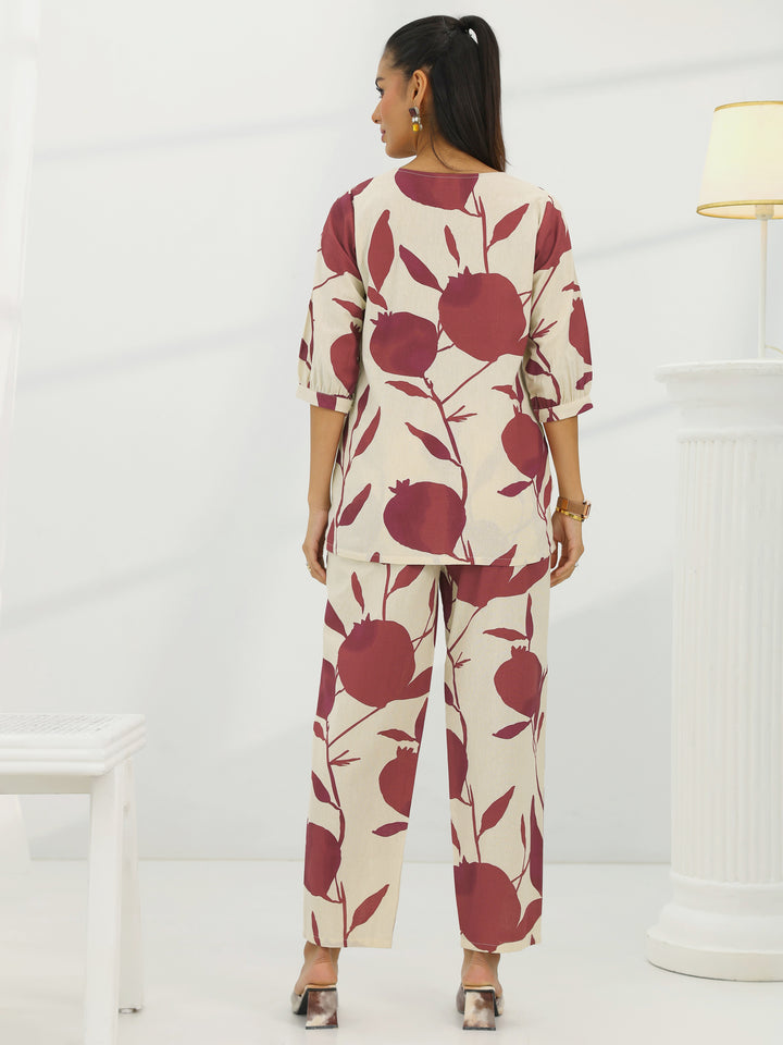 Off White Printed Cotton Straight Co-Ord Set