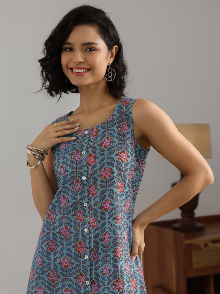 Blue Printed Cotton Straight Kurta Set