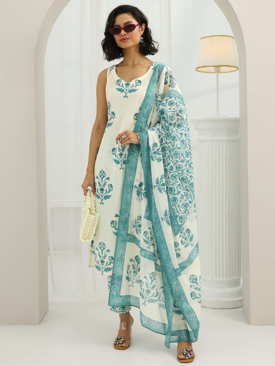 Off White Printed Cotton Straight Suit Set With Dupatta