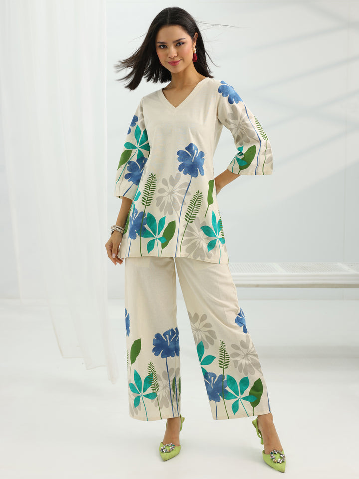 Off White Printed Cotton Co-Ord Sets