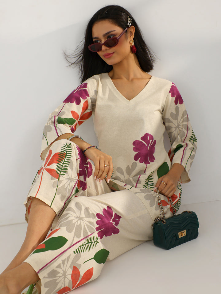 Off White Printed Cotton Co-Ord Sets
