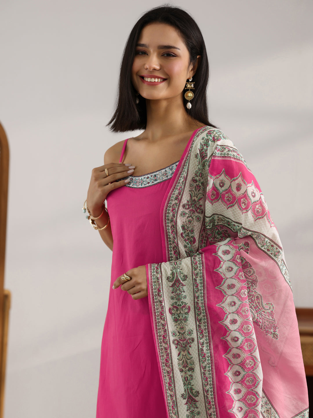 Pink Printed Cotton Straight Suit Set With Dupatta