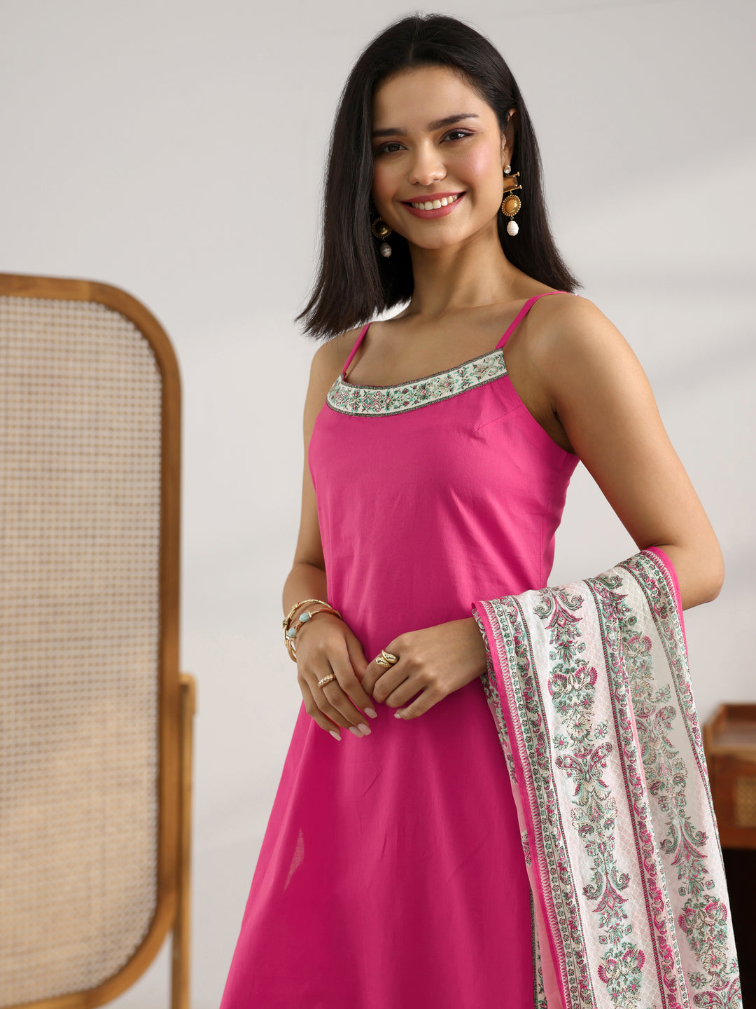 Pink Printed Cotton Straight Suit Set With Dupatta